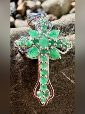 Emerald Cross Necklace 14K White Gold Over Sterling Silver 18"